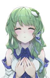 Rule 34 | 1girl, ^ ^, bare shoulders, blush, breasts, closed eyes, commentary request, detached sleeves, facing viewer, frog hair ornament, gradient background, green hair, grey background, hair between eyes, hair ornament, hair tubes, hands on own chest, incoming kiss, kiss day, kochiya sanae, long hair, long sleeves, medium breasts, parted lips, shirt, single sidelock, snake hair ornament, solo, syuri22, touhou, upper body, white background, white shirt