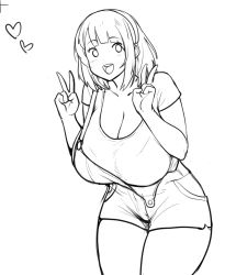 Rule 34 | 1girl, :d, breasts, cleavage, cowboy shot, curvy, denim, denim shorts, double v, dragon, erkaz, greyscale, headband, heart, highres, huge breasts, light blush, looking at viewer, monochrome, open mouth, original, overall shorts, overalls, short hair, short sleeves, shorts, sketch, smile, solo, suspenders, torn clothes, torn overalls, v, wyvern