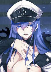 Rule 34 | 1girl, akame ga kill!, blue eyes, blue hair, blue nails, breasts, chest tattoo, cleavage, esdeath, hat, highres, large breasts, long hair, military, military hat, military uniform, open mouth, peaked cap, solo, tashiro tetsuya, tattoo, uniform, upper body