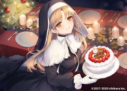 Rule 34 | 1girl, black dress, breasts, brown hair, cake, candle, christmas, christmas cake, christmas ornaments, christmas tree, commentary request, copyright notice, dress, fire, food, fork, gloves, habit, holding, holding plate, knife, long hair, long sleeves, looking at viewer, medium breasts, neko-san (dim.dream), nijisanji, nun, official art, parted bangs, parted lips, plate, puffy long sleeves, puffy sleeves, sister claire, sister claire (1st costume), smile, solo, spoon, table, traditional nun, very long hair, virtual youtuber, watermark, white gloves, yellow eyes