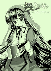 Rule 34 | 00s, 1girl, :d, blush, bonnet, cowboy shot, dress, frills, green theme, head tilt, holding, lolita fashion, long hair, long sleeves, looking at viewer, monochrome, neck ribbon, open mouth, ribbon, rozen maiden, simple background, smile, solo, suiseiseki, tsukigami runa, very long hair, watering can