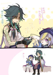 Rule 34 | 1boy, 1girl, ahoge, arm guards, arm tattoo, bare shoulders, bead necklace, beads, black hair, bottle, bow, bowl, chopsticks, detached sleeves, eating, eyes in shadow, facial mark, food, forehead mark, genshin impact, gloves, green gloves, green hair, hair ornament, hat, holding, holding bottle, holding bowl, holding chopsticks, jewelry, jiangshi, long hair, long sleeves, maka (morphine), milk, milk bottle, multicolored hair, necklace, ofuda, one eye covered, open mouth, parted bangs, pouring, purple eyes, purple hair, purple headwear, qingdai guanmao, qiqi (genshin impact), shaded face, shoulder pads, shoulder spikes, simple background, sitting, sleeveless, slit pupils, spikes, sweatdrop, tassel, tattoo, thighhighs, tofu, translation request, white thighhighs, xiao (genshin impact), yellow eyes
