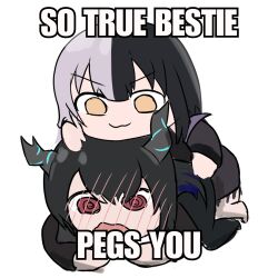 Rule 34 | 2girls, black hair, blush, chibi, closed mouth, commentary, demon horns, english commentary, english text, full-face blush, full body, grey hair, highres, hololive, hololive english, horns, image macro (meme), impact (font), kettei exe, long hair, long sleeves, meme, multicolored hair, multiple girls, nerissa ravencroft, nerissa ravencroft (1st costume), open mouth, shiori novella, shiori novella (1st costume), simple background, smile, so true bestie pegs you (meme), split-color hair, v-shaped eyebrows, virtual youtuber, white background, yellow eyes, yuri