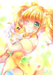 Rule 34 | 1girl, blonde hair, choker, commentary request, cone hair bun, cure sparkle, earrings, eyelashes, gloves, green eyes, hair bun, hair ornament, happy, healin&#039; good precure, highres, hiramitsu hinata, jewelry, looking at viewer, magical girl, nyatoran (precure), one eye closed, pom pom (clothes), pom pom earrings, precure, short hair, short twintails, skirt, smile, solo, sparkle, touki matsuri, twintails, upper body, vest, white gloves, yellow neckwear, yellow vest