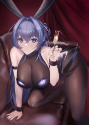 Rule 34 | 1girl, absurdres, animal ears, arm strap, azur lane, bare shoulders, black leotard, blue nails, bodystocking, breasts, champagne flute, cleavage, cup, drinking glass, fake animal ears, highleg, highleg leotard, highres, holding, holding cup, huge filesize, impossible clothes, large breasts, leaning forward, leotard, long hair, looking at viewer, nail polish, new jersey (azur lane), new jersey (exhilarating steps!) (azur lane), official alternate costume, oversized breast cup, playboy bunny, purple eyes, purple hair, rabbit ears, sadiwosan, see-through, see-through cleavage, skin tight, solo, strapless, strapless leotard, very long hair, wrist cuffs