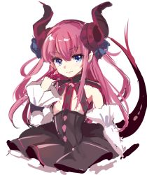 Rule 34 | 1girl, blue eyes, detached sleeves, dragon girl, dragon horns, dragon tail, dress, elizabeth bathory (fate), elizabeth bathory (fate/extra ccc), elizabeth bathory (first ascension) (fate), fate/extra, fate/extra ccc, fate (series), frilled sleeves, frills, horns, long hair, looking at viewer, paragasu (parags112), pointy ears, purple hair, simple background, solo, tail, white background