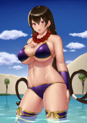 Rule 34 | 1girl, bare shoulders, bead necklace, beads, bikini, blue sky, blush, breasts, brown hair, cleavage, desert, earrings, fate/grand order, fate (series), gonoike biwa, hair between eyes, hand on own chest, highres, hoop earrings, jewelry, lake, large breasts, long hair, looking at viewer, low-tied long hair, navel, necklace, oasis, open mouth, prayer beads, purple bikini, purple eyes, purple thighhighs, sky, solo, swimsuit, thighhighs, thighs, wading, wet, xuangzang sanzang (fate)