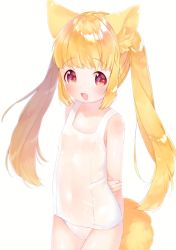 Rule 34 | 1girl, animal ear fluff, animal ears, bare shoulders, blush, commentary request, cowboy shot, flat chest, long hair, looking at viewer, mutou mato, one-piece swimsuit, open mouth, orange hair, original, red eyes, school swimsuit, school swimsuit flap, see-through, sidelocks, simple background, smile, solo, swimsuit, tail, twintails, white background, white one-piece swimsuit