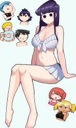 Rule 34 | 3girls, 4boys, arm support, arm under breasts, ayatak0517, bandaid, bandaid on face, bandaid on nose, barefoot, bikini, black eyes, black hair, blonde hair, blue hair, blush, breasts, character request, chibi, chibi inset, closed eyes, cropped arms, cropped torso, eyewear on head, facepalm, front-tie top, glasses, head tilt, highres, innertube, invisible chair, knees together feet apart, komi-san wa komyushou desu, komi shouko, large breasts, legs together, looking at another, multiple boys, multiple girls, navel, no pupils, one side up, opaque glasses, purple hair, short hair, side ponytail, sidelocks, simple background, sitting, sweat, swim ring, swimsuit, tan, twintails, white background, white bikini