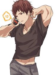 Rule 34 | 10s, 1boy, absurdres, admiral (kancolle), arm behind head, armpit peek, arms up, baffu, brown hair, brown shirt, cellphone, collarbone, cowboy shot, grey pants, head tilt, heart, highres, holding, holding phone, kantai collection, male focus, navel, pants, parted lips, phone, red eyes, scratching head, shirt, simple background, sketch, smartphone, solo, speech bubble, spoken heart, standing, sweatdrop, t-shirt, talking on phone, toned, white background