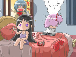 Rule 34 | 10s, 3girls, ^^^, akemi homura, barefoot, bed, bed sheet, bedroom, black hairband, blanket, blue hair, bow, chibi, unworn clothes, commentary request, crossed legs, curtains, food, hair down, hair ornament, hair ribbon, hairband, hairclip, highres, hohetomaru, implied yuri, indoors, kaname madoka, kyubey, mahou shoujo madoka magica, mahou shoujo madoka magica (anime), messy hair, miki sayaka, mitakihara school uniform, multiple girls, nightgown, off shoulder, on bed, package, pocky, purple eyes, red eyes, ribbon, ruined for marriage, school uniform, shiny skin, short hair, short twintails, sitting, skirt, sparkle, square mouth, surprised, sweat, sweatdrop, translation request, twintails, walk-in, yuri