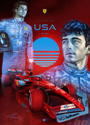 Rule 34 | 2boys, absurdres, black hair, blue eyes, blue jumpsuit, car, carlos sainz, charles leclerc, commentary, english commentary, expressionless, formula one, formula racer, giovanni p. timpano, hair slicked back, head tilt, helmet, highres, holding, holding helmet, jumpsuit, light frown, looking to the side, male focus, motor vehicle, multiple boys, official art, promotional art, race vehicle, racecar, real life, realistic, red car, shadow, shell (company), signature, spoiler (automobile), sponsor, unworn headwear, unworn helmet, vehicle focus