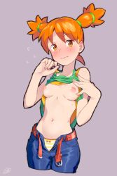 Rule 34 | 1girl, belt, blush, breasts, camisole, cropped legs, denim, embarrassed, hair ribbon, highres, jeans, looking at viewer, medium breasts, natsumi (saru getchu), navel, nipples, open clothes, open fly, orange eyes, orange hair, panties, pants, puffy areolae, ribbon, saru getchu, sean ryan, shirt, sleeveless, sleeveless shirt, solo, standing, striped clothes, striped panties, tears, twintails, underwear, undressing, wavy mouth