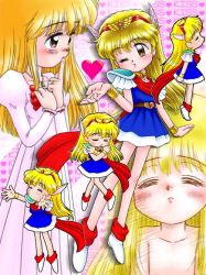 Rule 34 | 1990s (style), 1girl, akazukin chacha, blonde hair, blowing kiss, blue dress, blush, bracelet, brown eyes, chibi, dress, finger to mouth, heart, jewelry, juliet sleeves, kiss, lips, long hair, long sleeves, looking at viewer, magical princess, nightgown, one eye closed, puckered lips, puffy sleeves, retro artstyle, short dress, short sleeves, text background, tiptoes, winged hair ornament, wink