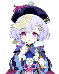 Rule 34 | 1girl, :q, bead necklace, beads, black nails, coin hair ornament, commentary request, genshin impact, hair ornament, hat, jewelry, jiangshi, nail polish, necklace, ofuda, purple hair, purple hat, qingdai guanmao, qiqi (genshin impact), red eyes, s1a1nokoka, smile, solo, talisman, tongue, tongue out, white background