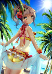 Rule 34 | 1girl, bad id, bad pixiv id, bangle, beach, bikini, blue sky, bracelet, brown hair, cowboy shot, day, flower, from behind, hair flower, hair ornament, hairclip, hibiscus, jewelry, looking at viewer, looking back, original, outdoors, palm tree, ponytail, shawl, short hair, sky, smile, solo, standing, sunlight, swimsuit, tree, wataame27, yellow bikini, yellow eyes
