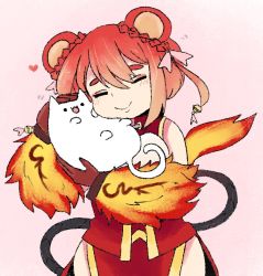 Rule 34 | animal, animal ears, artist request, cat, china dress, chinese clothes, dress, closed eyes, fire, gradient hair, hinezumi (monster girl encyclopedia), holding, holding animal, monster girl encyclopedia, mouse ears, mouse tail, multicolored hair, red hair, tail