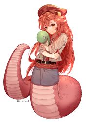 Rule 34 | 1girl, absurdres, aged down, blouse, commission, full body, hair ornament, hairclip, hat, highres, holding, holding stuffed toy, huge filesize, kyeryu0, lamia, long hair, looking at viewer, miia (monster musume), monster girl, monster musume no iru nichijou, pointy ears, red hair, red shirt, scales, shirt, simple background, slit pupils, smile, solo, stuffed toy, very long hair, white background, yellow eyes