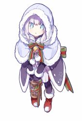 Rule 34 | 1girl, add (fate), bell, black gloves, blue hair, boots, bow, cage, capelet, christmas, fate (series), fur-trimmed capelet, fur trim, gloves, gray (fate), grey hair, hair between eyes, hood, hood up, long sleeves, looking at viewer, lord el-melloi ii case files, mittens, redoxhn, solo, thighhighs