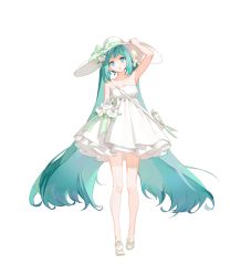 Rule 34 | 1girl, armpits, blue eyes, blue hair, bow, collarbone, dress, floating hair, flower, full body, green bow, green ribbon, hair flower, hair ornament, hand on headwear, hat, hat bow, hat ribbon, hatsune miku, head tilt, highres, long hair, looking at viewer, open mouth, ribbon, simple background, sleeveless, sleeveless dress, solo, standing, strapless, strapless dress, sun hat, twintails, very long hair, vocaloid, white background, white dress, white flower, white hat, yyb