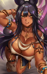 Rule 34 | 1girl, :q, animal ears, arm up, armlet, armpits, bangle, bare shoulders, black hair, blush, bracelet, breasts, choker, cleavage, dark-skinned female, dark skin, egyptian, gold, hair ornament, highres, hikari (komitiookami), jewelry, large breasts, licking lips, long hair, makeup, necklace, original, single thighhigh, solo, tan, thighhighs, tongue, tongue out, yellow eyes
