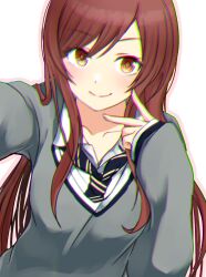 Rule 34 | 1girl, ame-rain, brown eyes, brown hair, cardigan, collared shirt, grey cardigan, highres, idolmaster, idolmaster shiny colors, long hair, long sleeves, looking at viewer, necktie, osaki amana, school uniform, selfie, shirt, simple background, sleeves past wrists, smile, solo, upper body, white background, white shirt