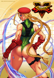 Rule 34 | 1girl, ahoge, antenna hair, ass, back, beret, biceps, blonde hair, blue eyes, boxing gloves, braid, cammy white, contrapposto, copyright name, cowboy shot, darkereve, fingerless gloves, from behind, gloves, hand on own hip, hat, highleg, highleg leotard, highres, holster, huge ahoge, huge ass, leotard, logo, long hair, looking at viewer, looking back, pouch, scar, shoulder holster, solo, standing, street fighter, street fighter v, thick thighs, thigh pouch, thighs, thong leotard, toned, twin braids, wide hips