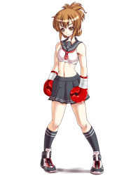 Rule 34 | 1girl, adapted uniform, boxing gloves, brown hair, folded ponytail, gloves, inazuma (kancolle), kantai collection, midriff, navel, rigid, rigidsteed, shoes, short hair, sneakers, socks, solo, sports bra, stomach, tank top, toned