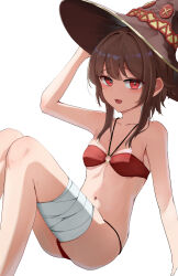 Rule 34 | 1girl, absurdres, bandaged leg, bandages, bikini, black hat, breasts, brown hair, feet out of frame, hat, highres, kono subarashii sekai ni shukufuku wo!, megumin, navel, o-ring, o-ring bikini, o-ring top, red bikini, red eyes, shiraiyu, short hair with long locks, simple background, small breasts, solo, swimsuit, white background, witch hat