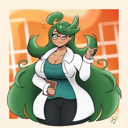 Rule 34 | 1girl, blush, breasts, cleavage, creatures (company), dinojagger12, game freak, glasses, green eyes, green hair, highres, lab coat, large breasts, long hair, long sleeves, mallow (pokemon), nintendo, one eye closed, pants, plump, pokemon, pokemon sm, star (symbol), very long hair, wink