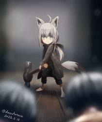 Rule 34 | 1girl, ahoge, animal ears, aqua eyes, barefoot, blurry, blurry background, braid, closed mouth, commentary request, cosplay, dated, fox ears, fox tail, grey hair, hammer, haruyama kazunori, holding, holding hammer, hololive, little nightmares ii, long hair, looking at viewer, mono (little nightmares), mono (little nightmares) (cosplay), shirakami fubuki, short hair, single braid, smile, solo focus, standing, tail, twitter username, virtual youtuber