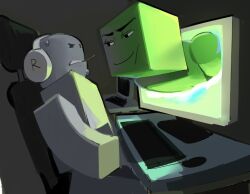 Rule 34 | 2boys, angry, black eyes, chair, commentary, desk, english commentary, headphones, headset, keyboard (computer), looking at another, male focus, meme, modercated, monitor, multiple boys, roblox, roblox man face (meme), sitting, smirk, smug, through medium, through screen, v-shaped eyebrows