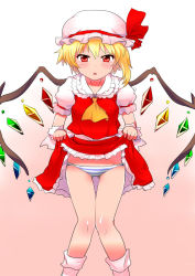 Rule 34 | 1girl, ascot, blonde hair, blouse, blue panties, blush, clothes lift, crystal, embodiment of scarlet devil, female focus, flandre scarlet, gradient background, hat, knees together feet apart, kobii, lifted by self, mob cap, panties, pink background, red eyes, shirt, side ponytail, skirt, skirt lift, socks, solo, striped clothes, striped panties, thigh gap, thighs, touhou, underwear, upskirt, white shirt, white socks, wings, yellow ascot