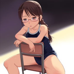 Rule 34 | 1girl, braid, brown eyes, brown hair, cameltoe, chair, competition school swimsuit, glasses, long hair, meow (nekodenki), one-piece swimsuit, original, school swimsuit, sitting, sitting backwards, solo, spread legs, swimsuit, twin braids, twintails