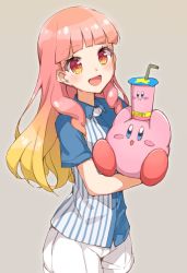 Rule 34 | 1girl, 1other, aikatsu! (series), aikatsu friends!, blouse, blue shirt, blunt bangs, blush, collared shirt, creature, crossover, gradient background, grey background, highres, holding, holding creature, kirby, kirby (series), long hair, looking at viewer, multicolored hair, nintendo, nokita (pinmisil), open mouth, orange eyes, pink hair, pinstripe pattern, pinstripe shirt, shirt, simple background, smile, soft drink, straw, striped clothes, striped shirt, trait connection, white shirt, yuki aine