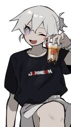 Rule 34 | 122pxsheol, 1boy, :d, bubble tea, cup, fang, highres, holding, holding cup, light blush, long eyelashes, one eye closed, open mouth, original, print shirt, purple eyes, shirt, short ponytail, shorts, smile, solo, t-shirt, watch, white background, white hair, white shorts, wristwatch
