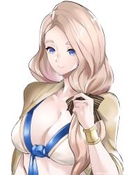Rule 34 | 1girl, bikini, bikini top only, blonde hair, blue eyes, bow, bracelet, breasts, cleavage, fire emblem, fire emblem: three houses, highres, jewelry, low ponytail, mercedes von martritz, nintendo, ponytail, simple background, smile, solo, swimsuit, tommy (kingdukeee), upper body, white background