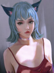 Rule 34 | 1girl, animal ears, blue hair, breasts, cat ears, choker, closed mouth, commentary, eyeliner, eyeshadow, highres, lips, looking at viewer, makeup, medium breasts, nose, original, quianyu mo, red lips, red shirt, shirt, short hair, silver choker, solo, tank top, upper body