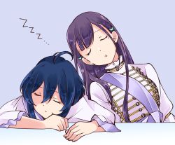 22/7 2girls antenna_hair blue_hair center-flap_bangs closed_mouth dark_blue_hair dress fanged_bangs hair_ornament ichinose_hotaru long_hair mole mole_under_eye multiple_girls parted_lips purple_background purple_hair short_hair simple_background sleeping takigawa_miu trefle_r zzz