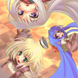 Rule 34 | 3girls, :d, :o, beret, black gloves, blonde hair, blue eyes, blue hair, blush, checkered floor, dress, gloves, green eyes, hat, long hair, looking at viewer, lowres, morii shizuki, multiple girls, open mouth, outstretched arms, parted lips, ragnarok online, red dress, sidelocks, silver hair, smile, upper body, upside-down, very long hair
