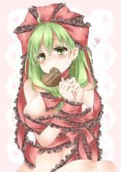 Rule 34 | 1girl, bdsm, blush, bondage, bound, bound wrists, bow, breasts, candy, chocolate, chocolate heart, earrings, food, front ponytail, green eyes, green hair, hair bow, hair ribbon, happy valentine, heart, jewelry, kagiyama hina, large breasts, matching hair/eyes, naked ribbon, nude, restrained, ribbon, short hair, single earring, solo, tamichan, touhou, valentine