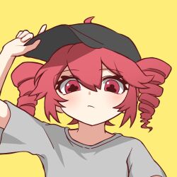 Rule 34 | + +, 1girl, adjusting clothes, adjusting headwear, baseball cap, blush, closed mouth, drill hair, expressionless, grey hat, grey shirt, hair between eyes, hat, highres, kasane teto, kuroneko 0139, looking at viewer, override (synthesizer v), red eyes, red hair, shirt, sidelocks, simple background, solo, synthesizer v, twin drills, yellow background