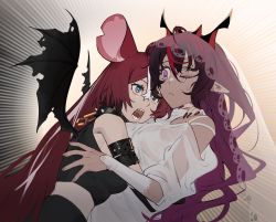 Rule 34 | 2girls, ahoge, alternate costume, animal ears, bat wings, blouse, bracelet, breasts, bridal gauntlets, bridal veil, bride, choker, couple, demon girl, demon horns, eus ing, hair between eyes, hakos baelz, highres, hololive, hololive english, horns, hug, irys (hololive), jewelry, long hair, medium breasts, mouse ears, multiple girls, multiple horns, nail polish, open mouth, pointy ears, scared, see-through, sharp teeth, shirt, simple background, spiked choker, spikes, surprised, teeth, veil, very long hair, virtual youtuber, wife and wife, wings, yuri