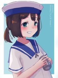 Rule 34 | 1girl, black hair, blue eyes, blue sailor collar, bob cut, commentary request, daitou (kancolle), depth charge, dress, grin, haruka faraway716, hat, high ponytail, highres, kantai collection, looking at viewer, one-hour drawing challenge, sailor collar, sailor dress, sailor hat, short hair, short sleeves, sidelocks, smile, solo, upper body, white dress, white hat