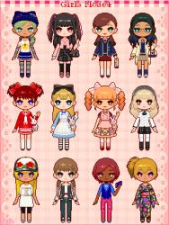 6+girls animal_hat bag black_hair blonde_hair bow braid brown_hair character_request chibi chibi_only commentary_request copyright_name dark-skinned_female dark_skin drill_hair everyone fashion full_body girls_mode_4:_star_stylist gradient_hair green_hair gyaru hair_bow hairband handbag hat highres japanese_clothes jirai_kei kimono lolita_fashion lolita_hairband low_ponytail low_twintails makeup multicolored_hair multiple_girls okuya pantyhose pixel_art punk red_hair short_twintails skirt stuffed_animal stuffed_rabbit stuffed_toy girls_mode sweet_lolita thighhighs twin_braids twin_drills twintails two_side_up very_dark_skin