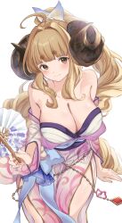 Rule 34 | 1girl, absurdres, ahoge, alternate hairstyle, anila (granblue fantasy), anila (yukata) (granblue fantasy), bare shoulders, belly chain, blonde hair, blunt bangs, bow, breasts, closed mouth, collarbone, commentary request, curled horns, draph, granblue fantasy, hair bow, hair ribbon, hand fan, highres, horns, hoshido1214, japanese clothes, jewelry, kimono, large breasts, long hair, looking at viewer, obi, off shoulder, ponytail, ribbon, sash, sheep horns, short eyebrows, short kimono, short yukata, simple background, sitting, smile, solo, thick eyebrows, white bow, white kimono, white ribbon, wide sleeves, yellow eyes, yukata