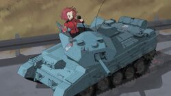 Rule 34 | 1girl, black skirt, brown eyes, crusader (tank), cup, day, dongdong (0206qwerty), emblem, girls und panzer, guard rail, highres, holding, holding cup, holding radio, jacket, long sleeves, medium hair, military uniform, military vehicle, motor vehicle, outdoors, red hair, red jacket, rosehip (girls und panzer), skirt, solo, spilling, st. gloriana&#039;s (emblem), st. gloriana&#039;s military uniform, sweatdrop, tank, tea, teacup, uniform