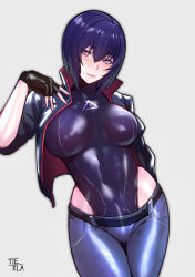 Rule 34 | 1girl, absurdres, artist name, belt, black gloves, black leotard, blush, breasts, covered navel, curvy, fingerless gloves, ghost in the shell, ghost in the shell: sac 2045, gloves, hair between eyes, highleg, highleg leotard, highres, kusanagi motoko, large breasts, leotard, leotard under clothes, lips, looking at viewer, medium hair, pants, purple eyes, purple hair, shiny clothes, shiny skin, simple background, sleeveless, solo, tierla, wide hips