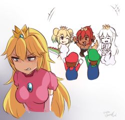 Rule 34 | +++, 2boys, 4girls, :d, ;p, ^ ^, annoyed, arms up, blonde hair, blue overalls, bowsette, bracelet, brooch, closed eyes, collar, commentary, crown, dark skin, dress, english commentary, gloom (expression), gradient background, gradient hair, green hair, green hat, green shirt, hat, jewelry, joosi, long hair, luigi, luigi&#039;s mansion, mario, mario (series), multicolored hair, multiple boys, multiple girls, new super mario bros. u deluxe, nintendo, o/, one eye closed, open mouth, outstretched arms, overalls, personification, pink dress, ponytail, princess king boo, princess peach, princess yoshi, red eyes, red hair, sharp teeth, shirt, short sleeves, signature, simple background, smile, spiked bracelet, spiked collar, spiked tail, spikes, super crown, tail, teeth, tongue, tongue out, twintails, v, v-shaped eyebrows, white hair, yoshi