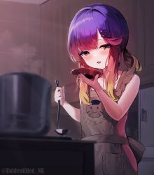 Rule 34 | 1girl, apron, blonde hair, blurry, blurry foreground, blush, brown apron, cabinet, commentary request, cooking pot, dress, gradient hair, hair ornament, hairclip, highres, holding, holding ladle, holding plate, indoors, kantai collection, kitchen, ladle, long hair, mole, mole under eye, multicolored hair, naked apron, open mouth, plate, purple hair, red hair, sidelocks, simple background, solo, steam, tasting plate, tsushima (kancolle), twitter username, unidentified nk, upper body, white dress, yellow eyes